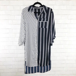 Walter Baker Navy & White Polka Dot and Striped Shirt Dress Medium
